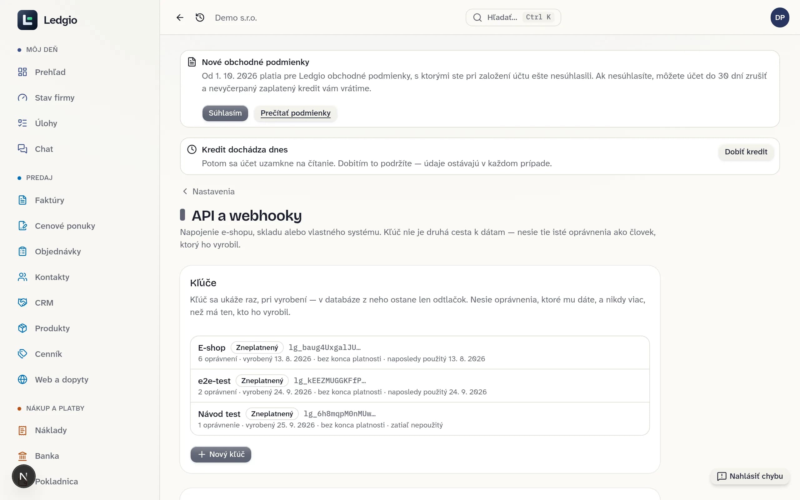 Obrazovka Nastavenia → API a webhooky v Ledgiu