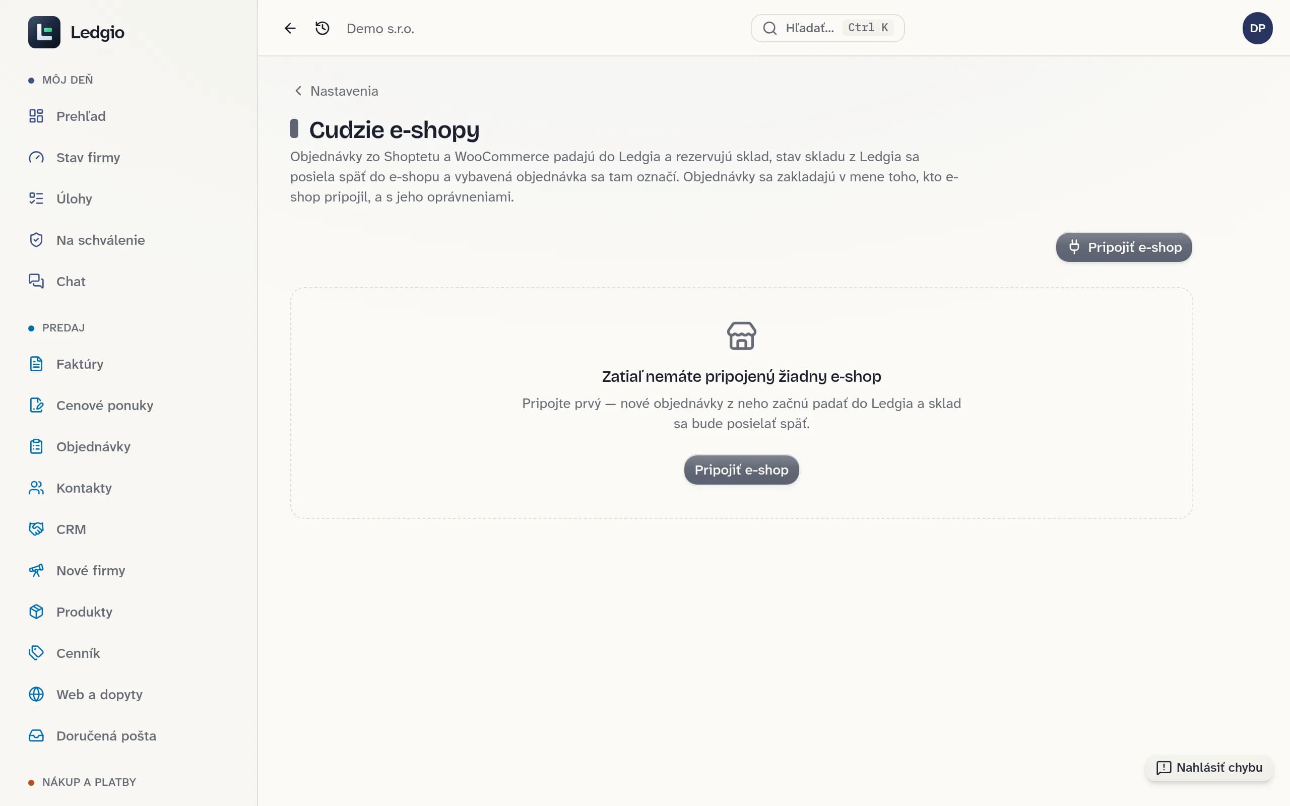 Obrazovka Nastavenia → Cudzie e-shopy v Ledgiu