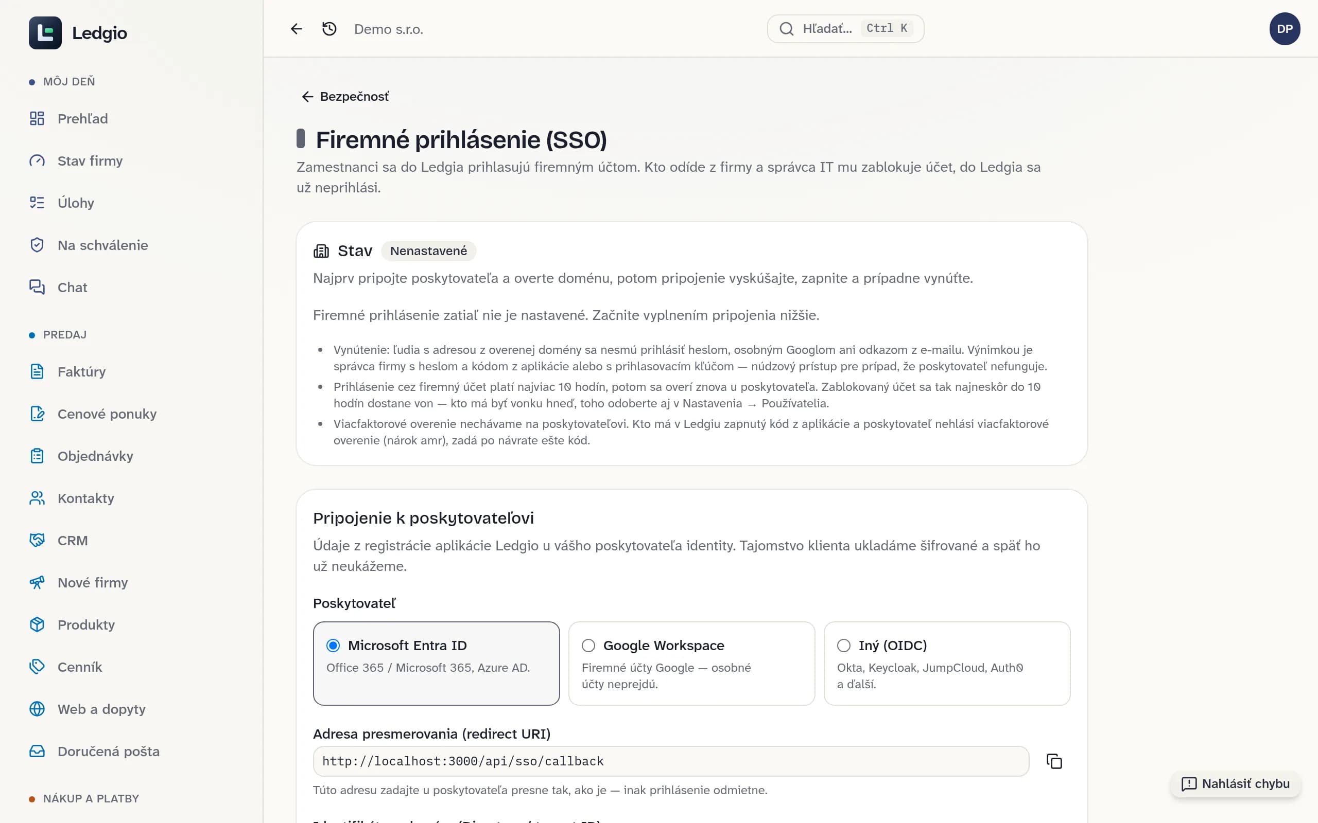Obrazovka Nastavenia → Bezpečnosť → Firemné prihlásenie (SSO) v Ledgiu