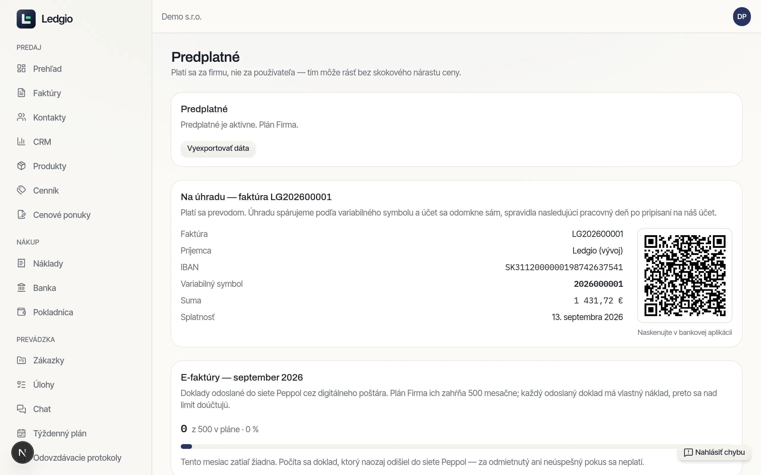 Predplatné v Ledgiu: zostatok kreditu, mesačná cena za firmu a rozpis položiek plánu.