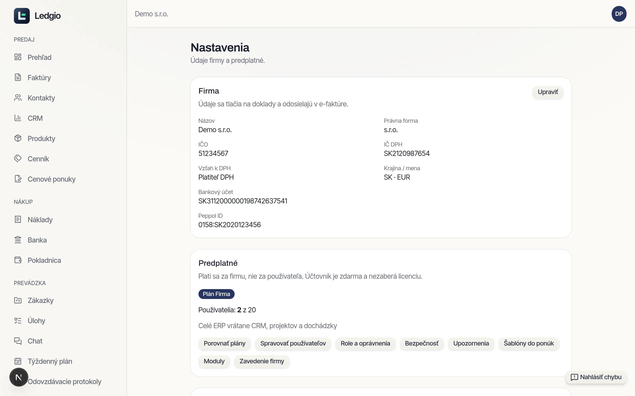 Obrazovka Nastavenia → Firma v Ledgiu