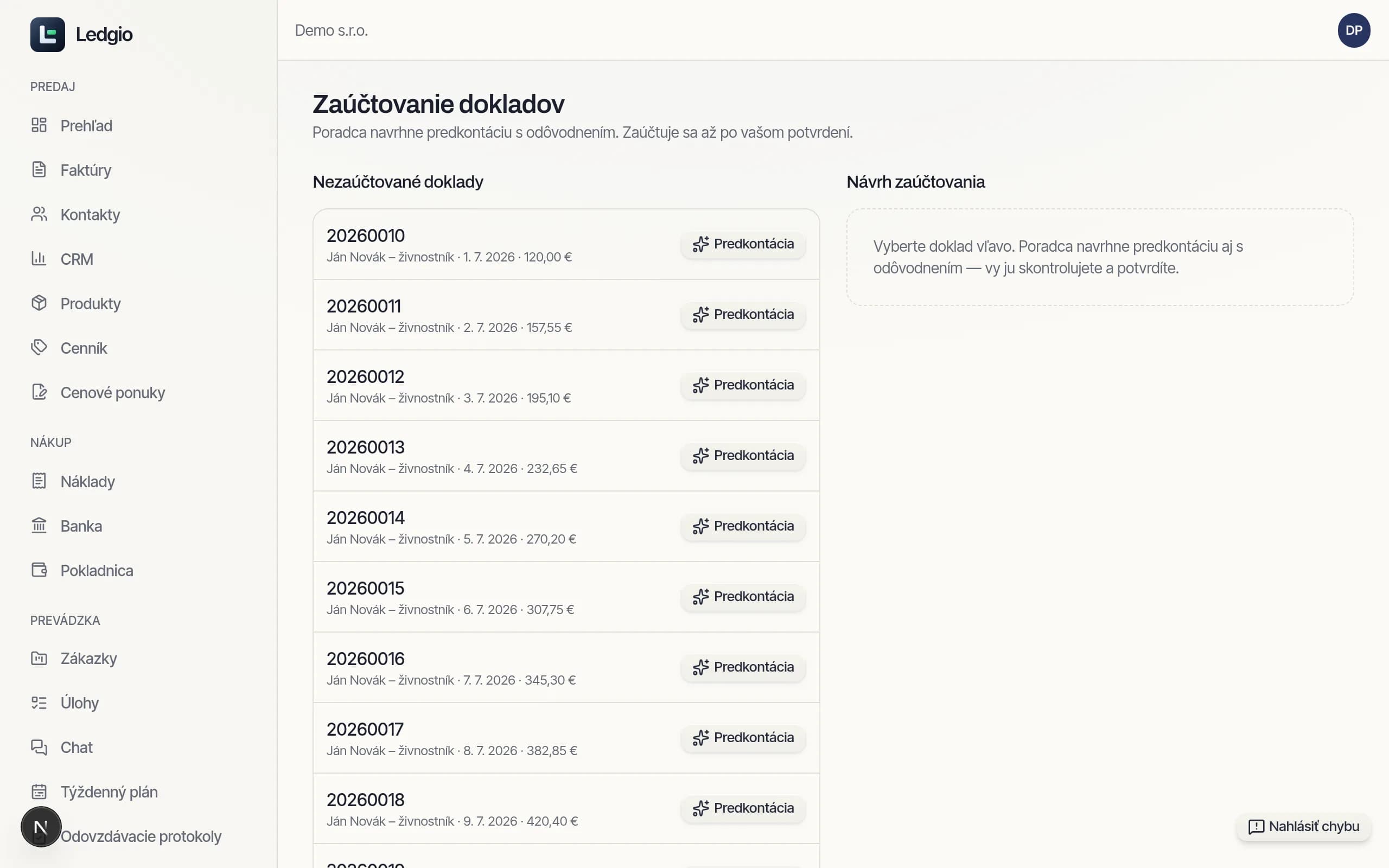 Obrazovka Účtovníctvo → Zaúčtovanie v Ledgiu