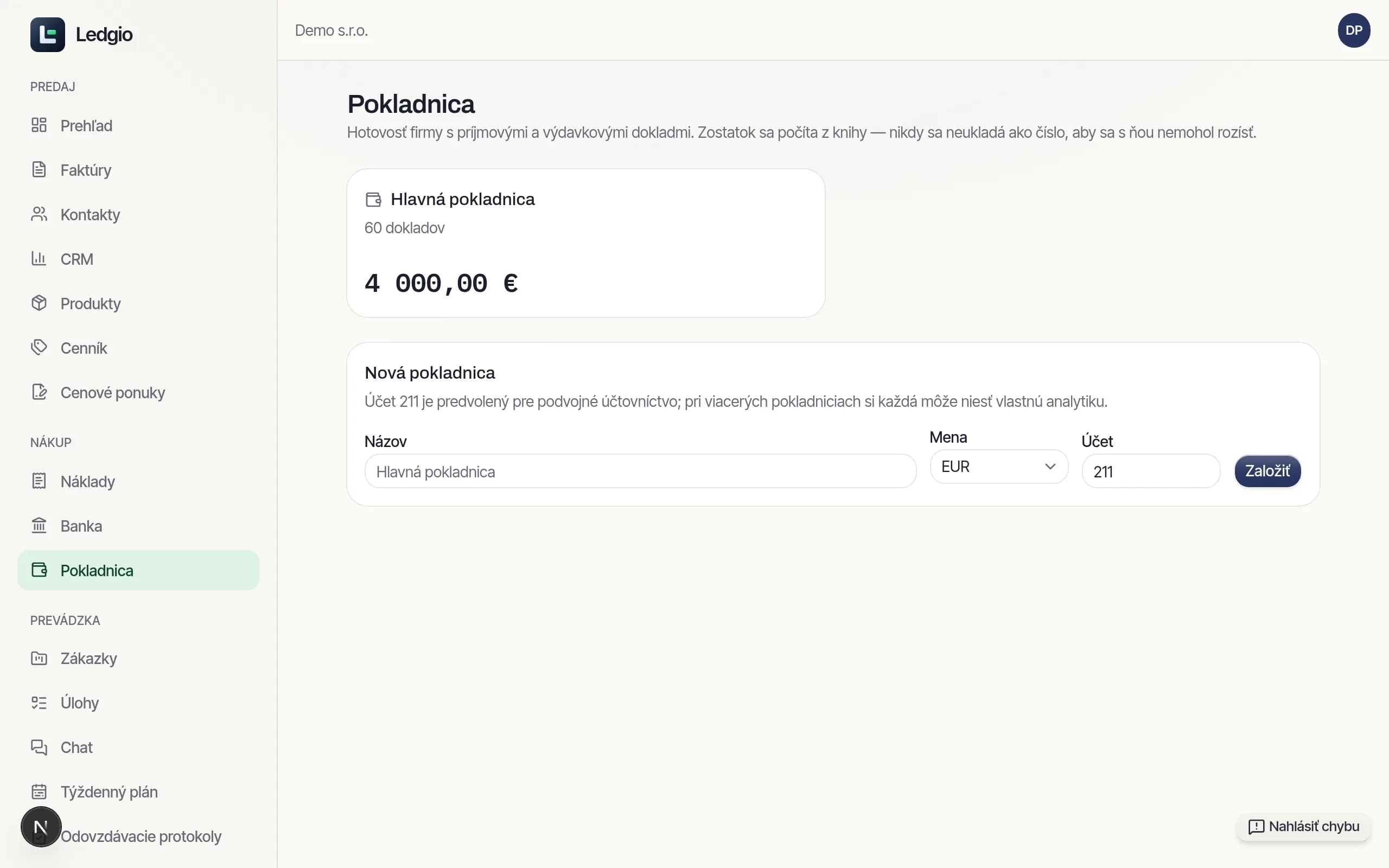 Obrazovka Pokladnica v Ledgiu