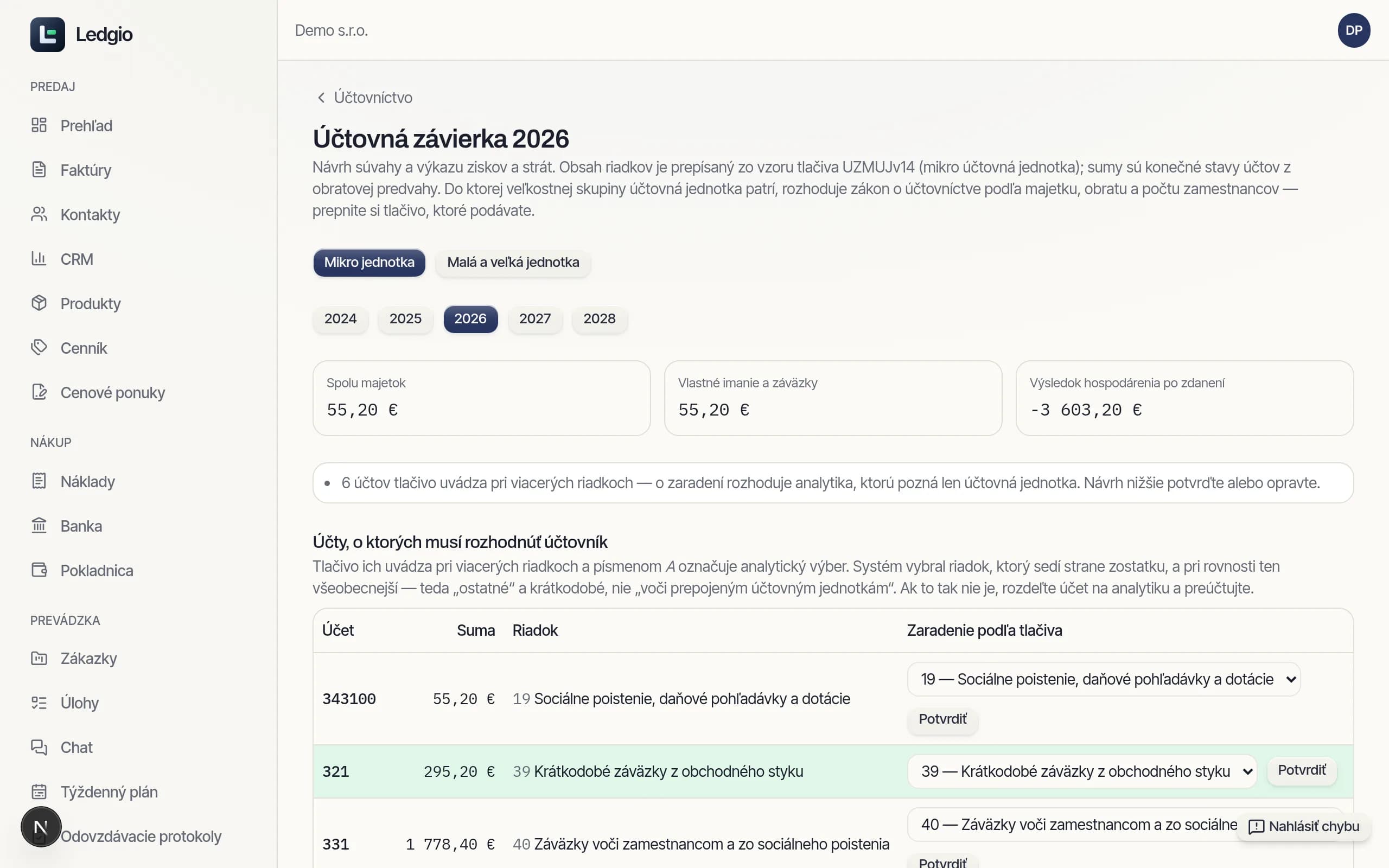 Obrazovka Reporty → Výkazy DPH v Ledgiu