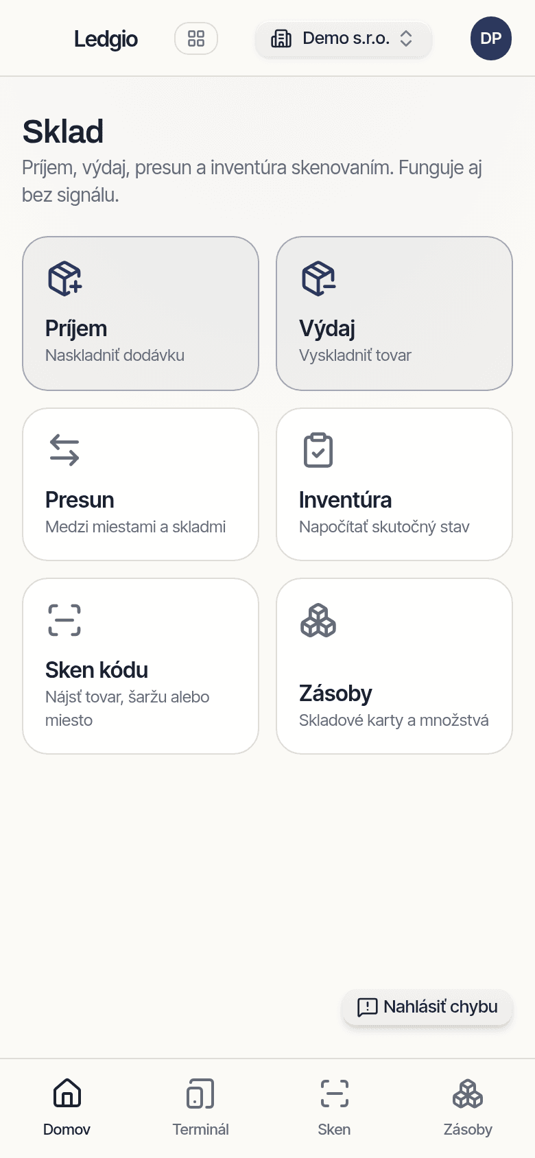 Domovská obrazovka appky Ledgio Sklad