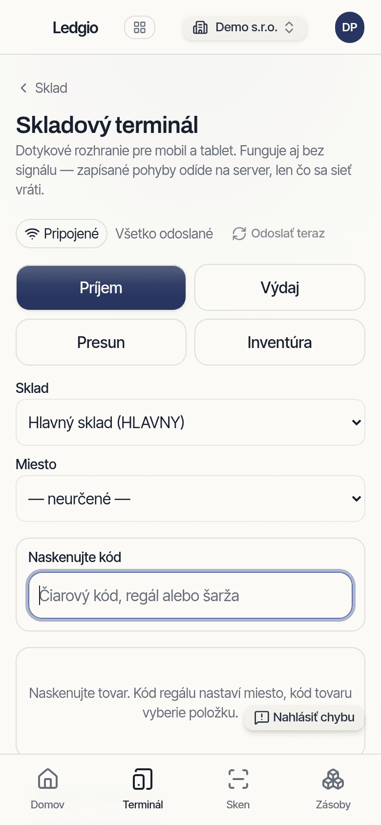 Skladový terminál pri príjme tovaru
