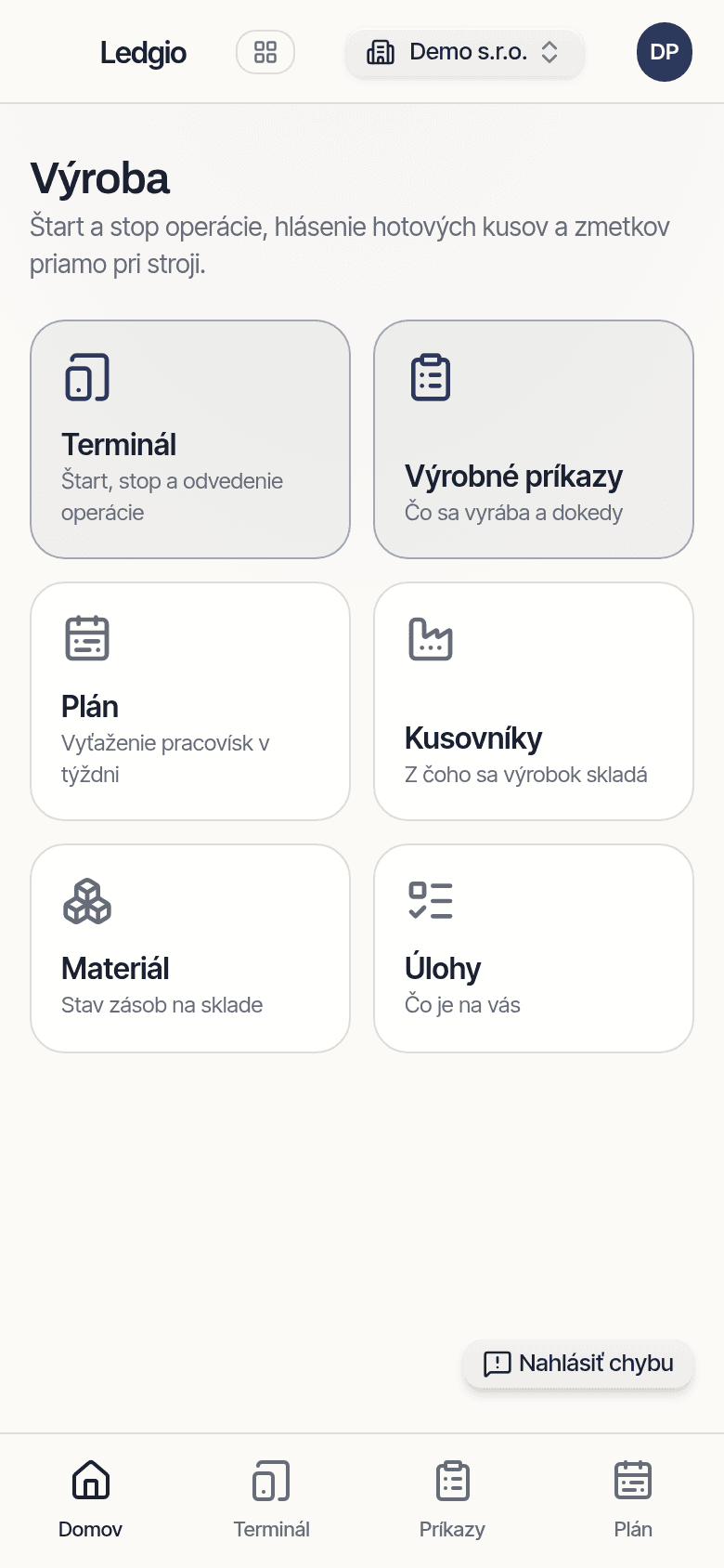 Domovská obrazovka appky Ledgio Výroba